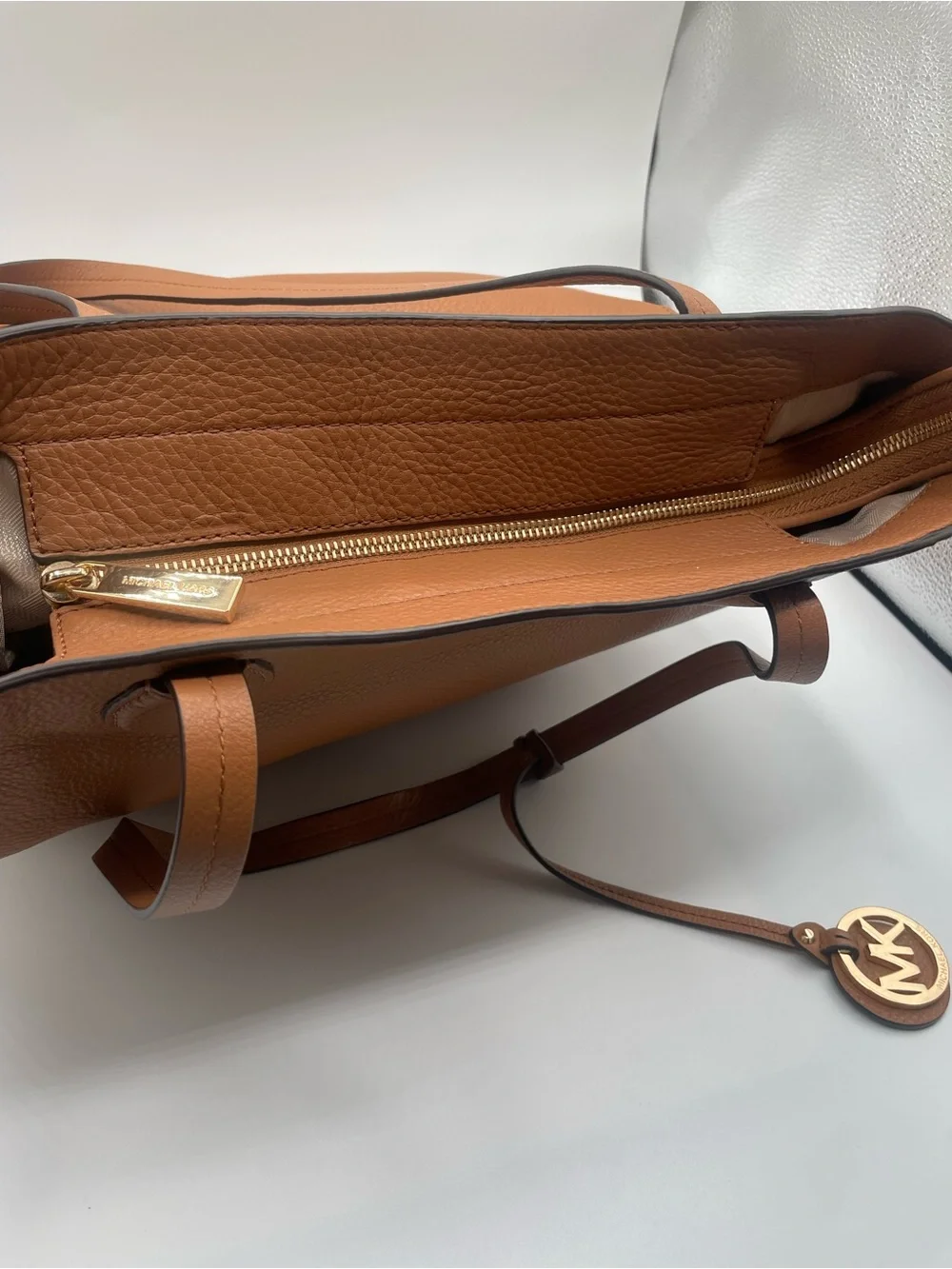 Michael Kors Cognac Pebbled Leather Tote with Gold Logo Charm